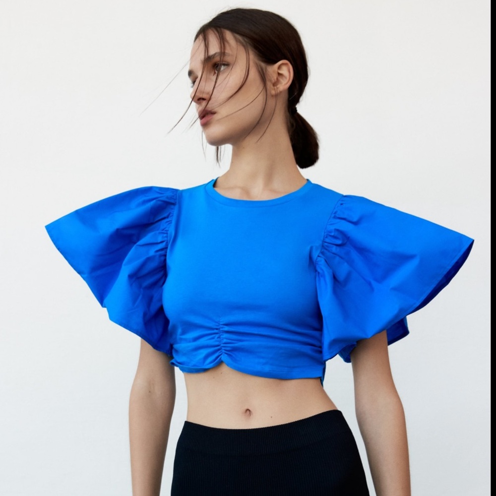 Zara Blue Ruffle Ruched Top Size M - Picture 3 of 8